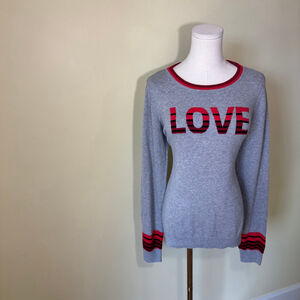Ellen Women's Cotton Knit Long Sleeve Grey & Red Love Sweater, SZ L
